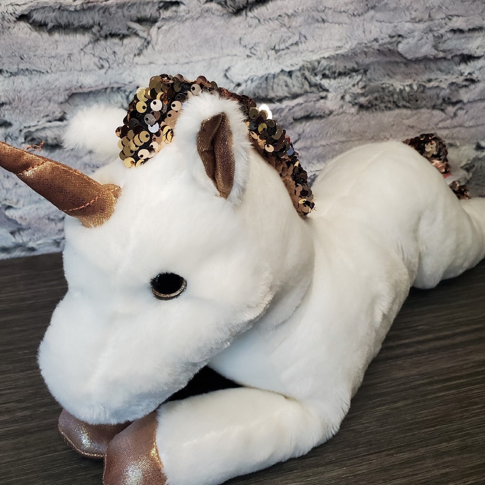 Aurora Shimmers Rose Gold Flippy Sequins White Unicorn Stuffed Animal Plush 12"‎